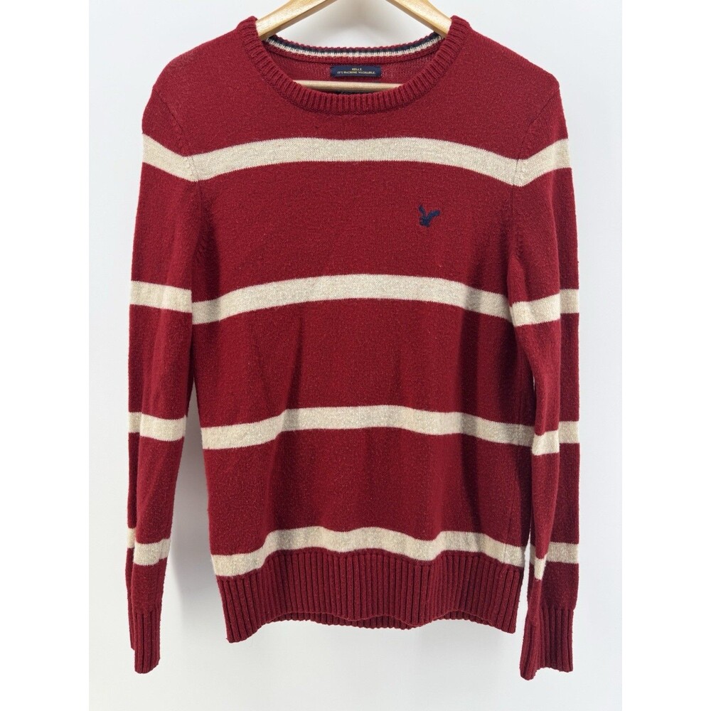 American Eagle Oversized Crew Neck Sweater, Red Cream Striped Men’s  Small